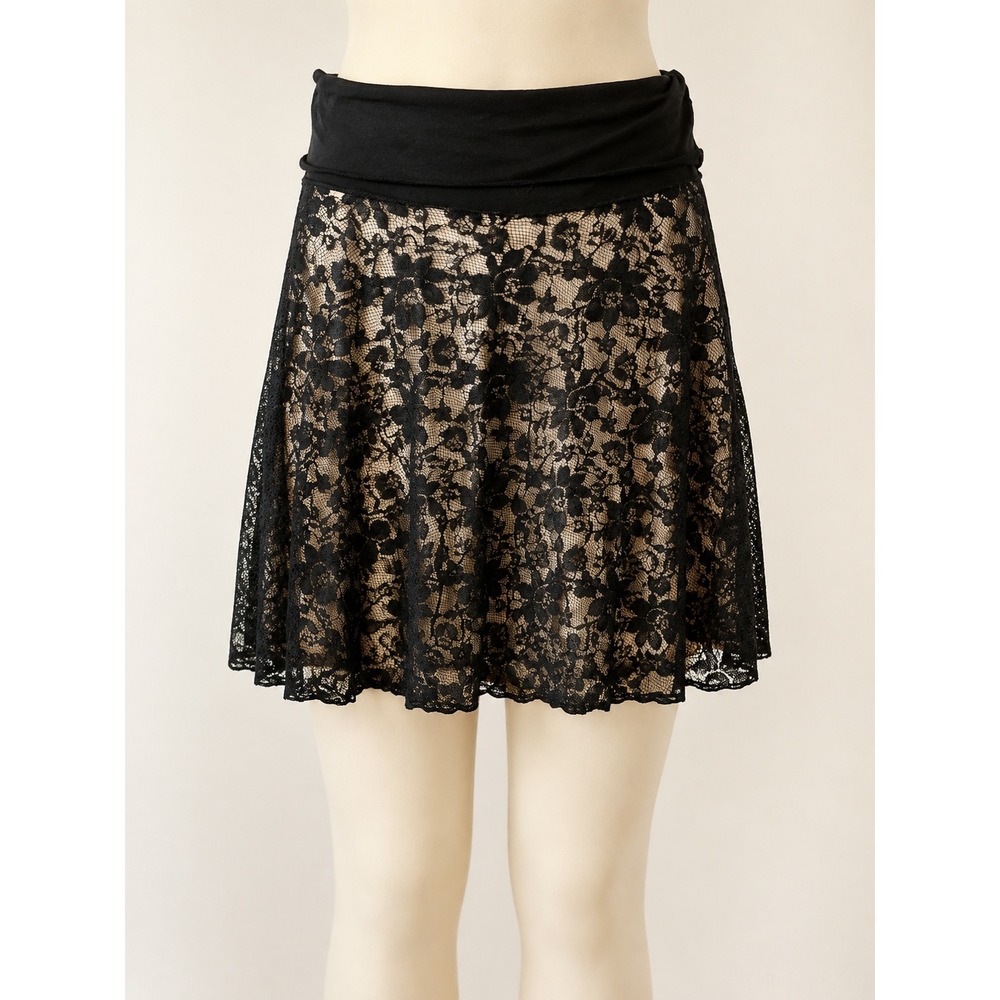 Wet Seal Black Floral Lace Mini Skirt Tan Lining Fold Over Waistband A-Line SM